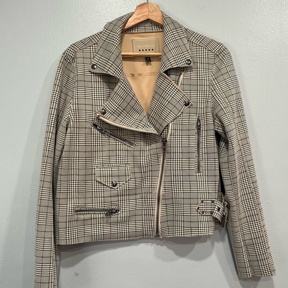 Blank NYC Plaid Moto Jacket in Black and Cream